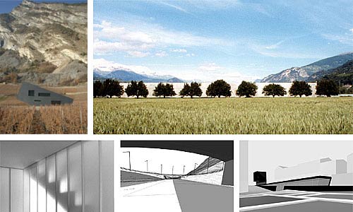 en haut à gauche: Villa Zufferey - Leytron 2003 en haut à droite: Penitencier cantonal Sion 1998 en bas à gauche: Maison Mathey Ravoire 2001 en bas au milieu: A9 Jonction autoroutière Sierre-Est 2002 en bas à droite: Site archéologique et musée Sion 2001